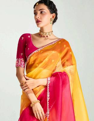 mustard yellow ombre organza border saree with blouse 5