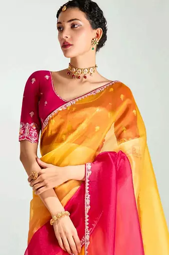 mustard yellow ombre organza border saree with blouse