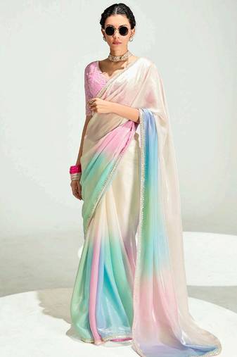 multi-color organza border work saree with blouse