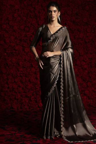 Brown zarkan handwork tissue silk festival wear saree with blouse
