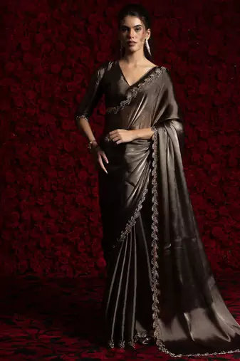 Brown zarkan handwork tissue silk festival wear saree with blouse