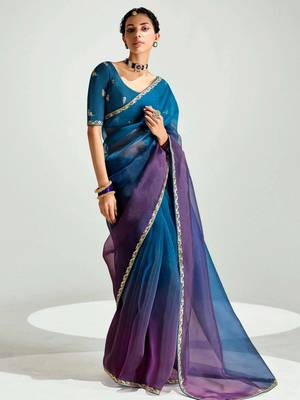 deep blue organza border work saree 1