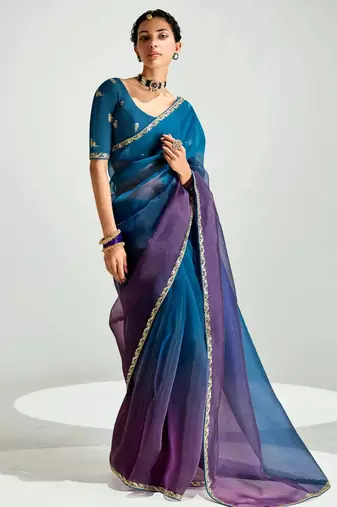 deep blue organza border work saree