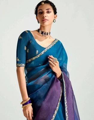 deep blue organza border work saree 3