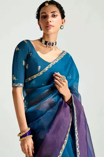 deep blue organza border work saree
