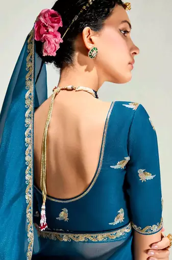 deep blue organza border work saree