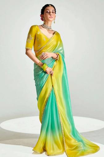 green organza border work saree with blouse