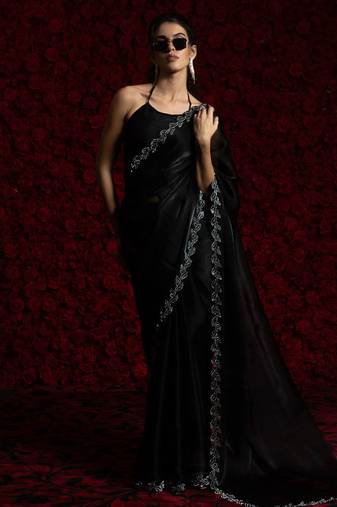 Black zarkan handwork tissue silk festival wear saree with blouse