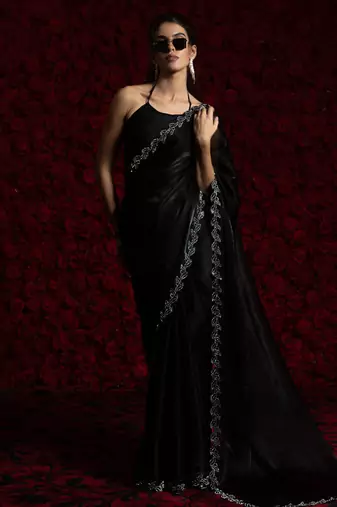 Black zarkan handwork tissue silk festival wear saree with blouse