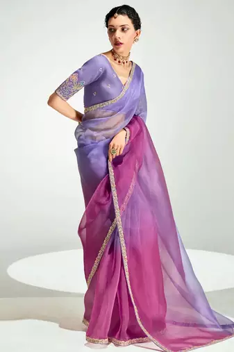 lilac organza border work saree with blouse