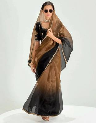 brown border work organza saree with blouse 1