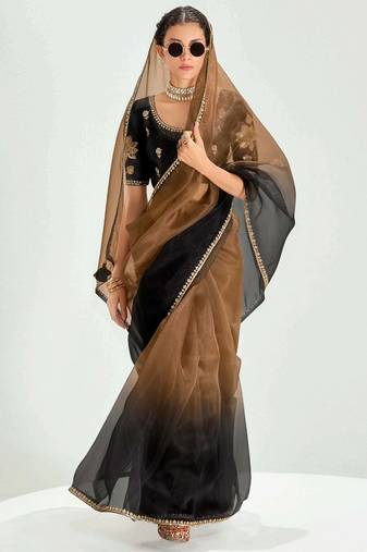brown border work organza saree with blouse