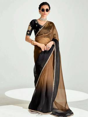 brown border work organza saree with blouse 2