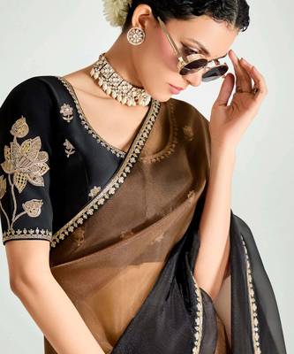 brown border work organza saree with blouse 4