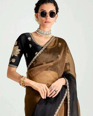 brown border work organza saree with blouse 5