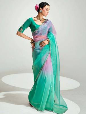 teal border work organza saree with blouse 1