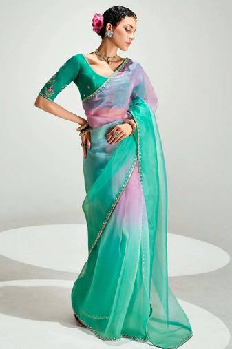 teal border work organza saree with blouse