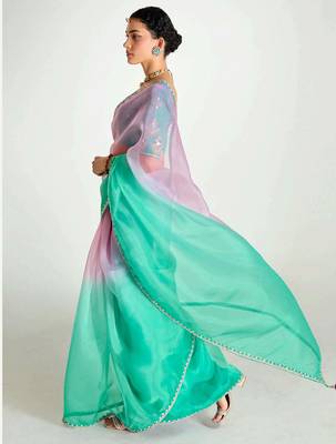 teal border work organza saree with blouse 2