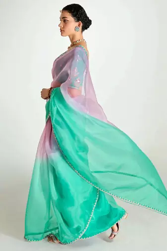 teal border work organza saree with blouse