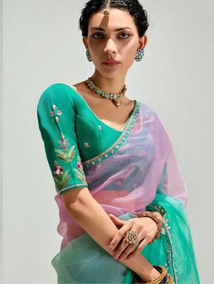 teal border work organza saree with blouse 3