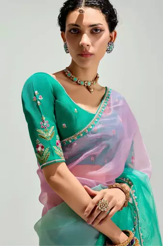 teal border work organza saree with blouse