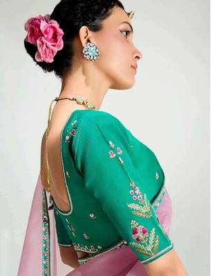 teal border work organza saree with blouse 4
