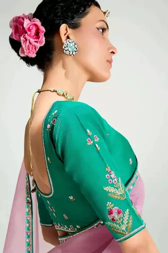 teal border work organza saree with blouse