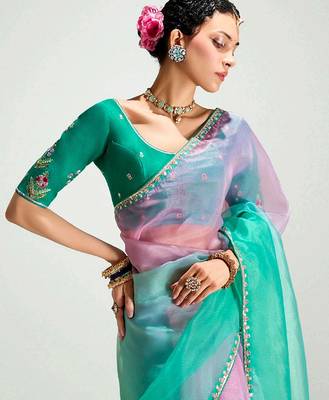 teal border work organza saree with blouse 5