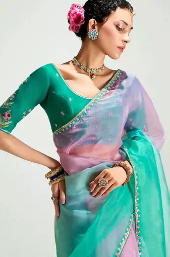teal border work organza saree with blouse