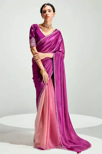 dark pink border work organza saree with blouse