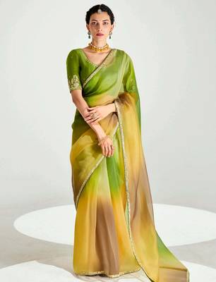 green organza border work saree with blouse 1