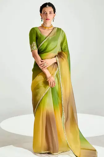 green organza border work saree with blouse