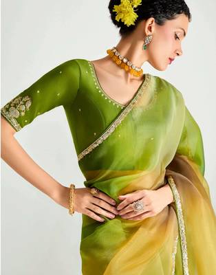 green organza border work saree with blouse 4