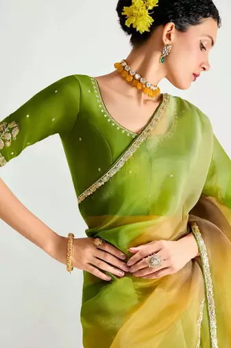 green organza border work saree with blouse