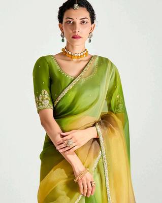 green organza border work saree with blouse 5