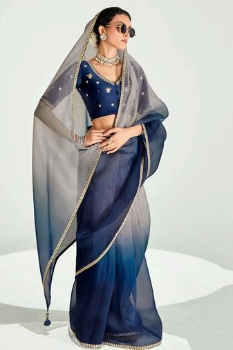 navy blue organza border work saree with blouse