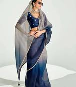 navy blue organza border work saree with blouse