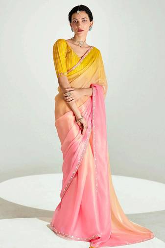 peach organza border work saree with blouse