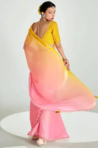 peach organza border work saree with blouse