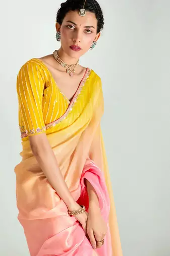 peach organza border work saree with blouse