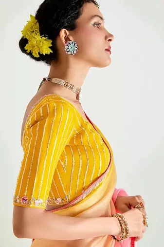 peach organza border work saree with blouse