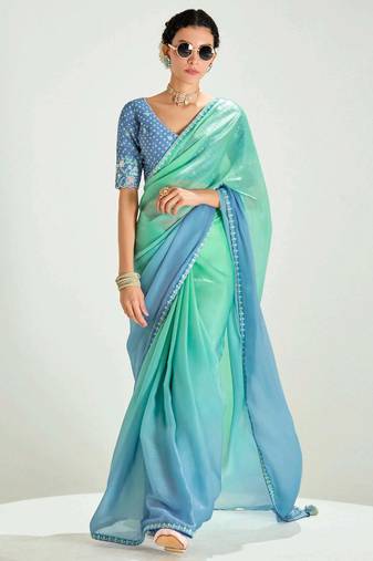 sea green organza border work saree with blouse