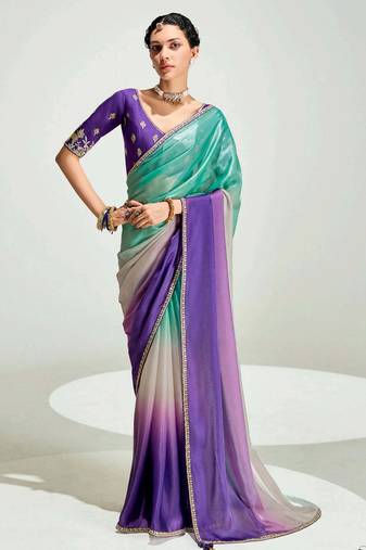 purple border work organza saree with blouse