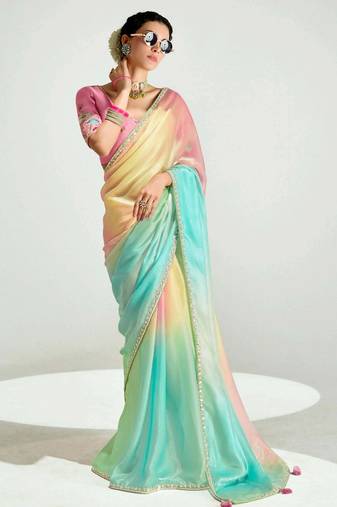 multi-color organza border work saree with blouse