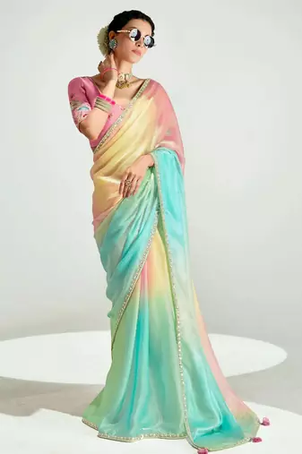 multi-color organza border work saree with blouse