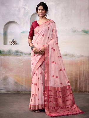 peach cotton floral weaving saree with blouse 1