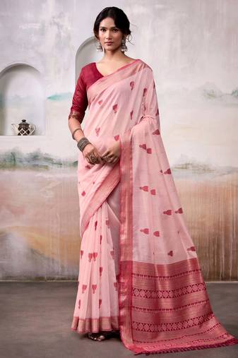 peach cotton floral weaving saree with blouse
