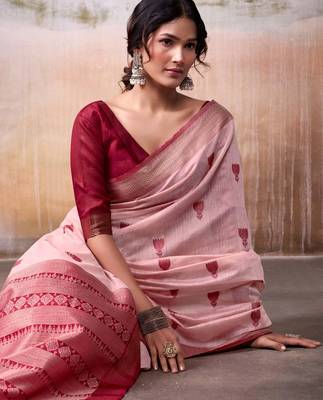 peach cotton floral weaving saree with blouse 2
