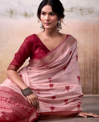 peach cotton floral weaving saree with blouse 3
