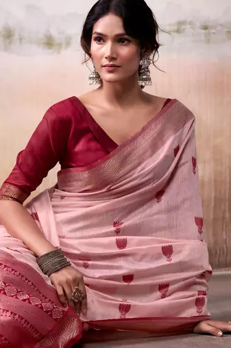 peach cotton floral weaving saree with blouse